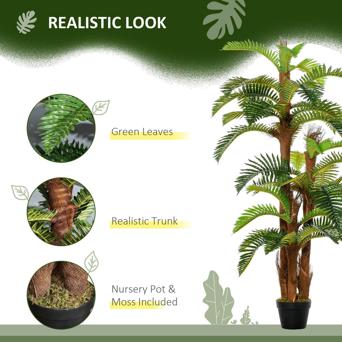 Artificial palm plant in black pot with green leaves, textured brown trunk, moss base