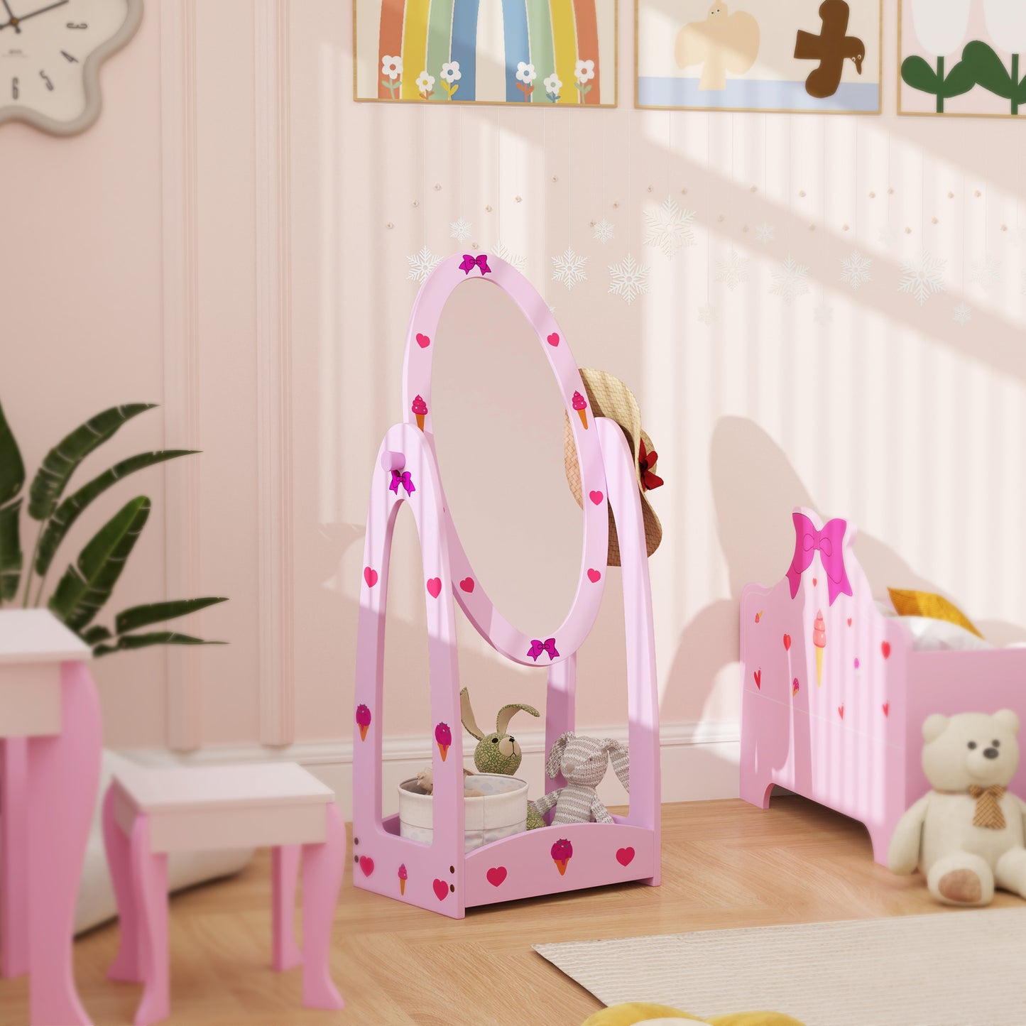 AIYAPLAY Two Piece Kids Clothes Rail and Dressing Mirror Set With 360 Degree Rotating Mirror and Storage Shelves Pink