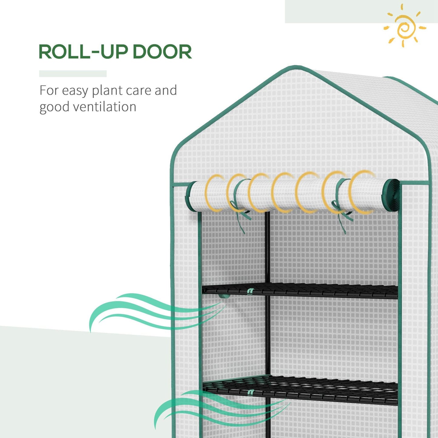 Mini greenhouse roll-up door on a white frame with green trim and black wire shelf