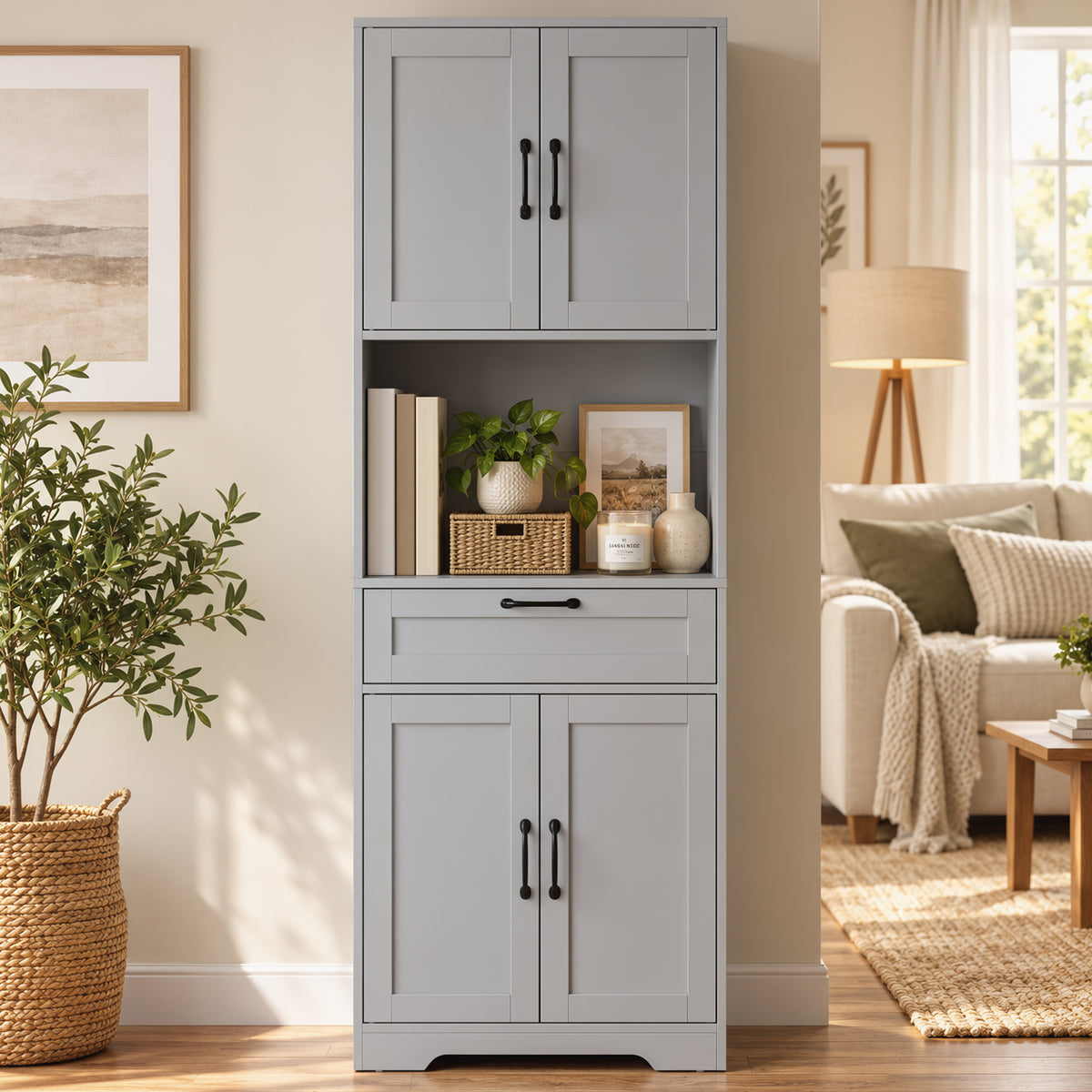 Kitchen pantry cabinet with double doors and open middle shelf for jars and kitchen items