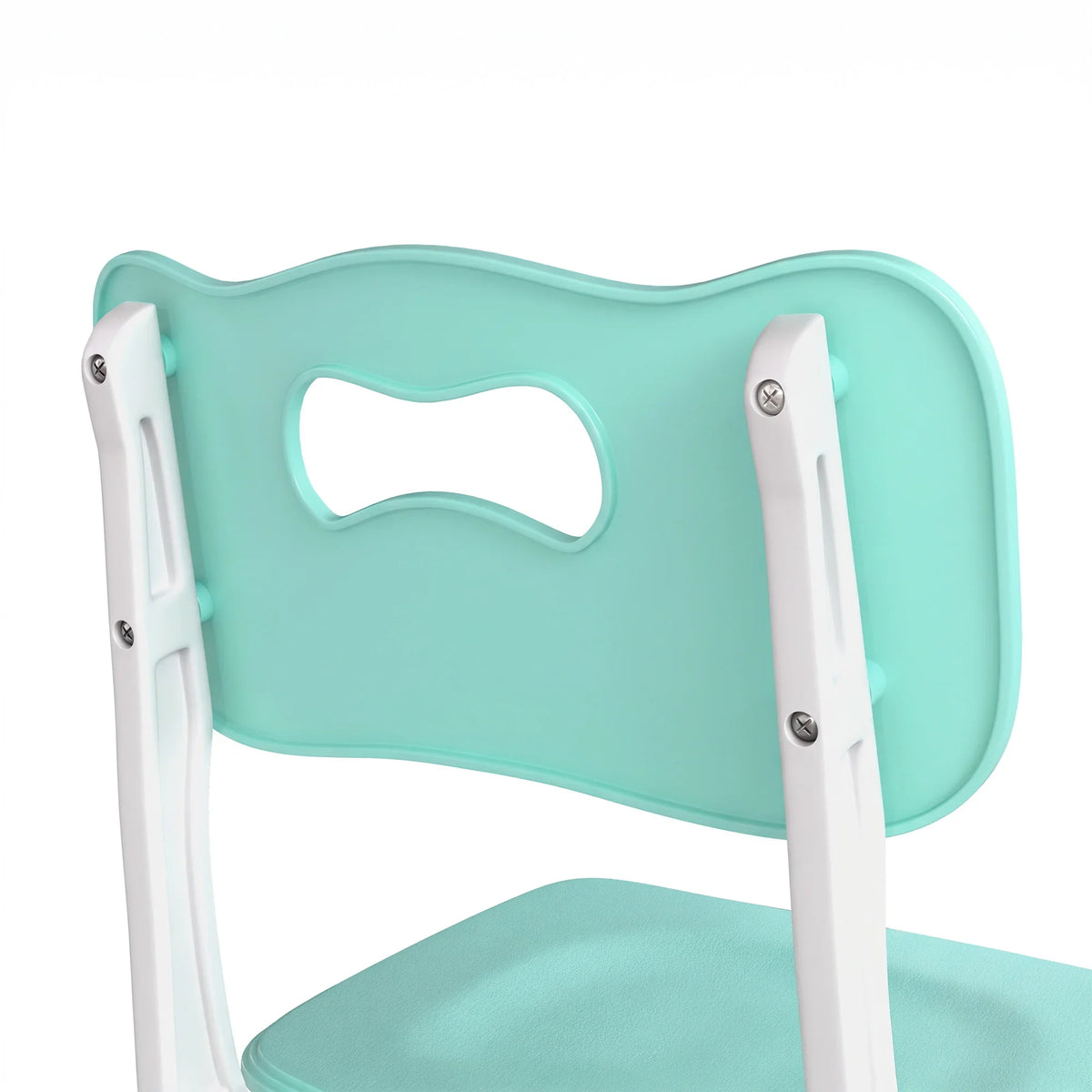 Mint green kids chair backrest with cutout handle and white side supports