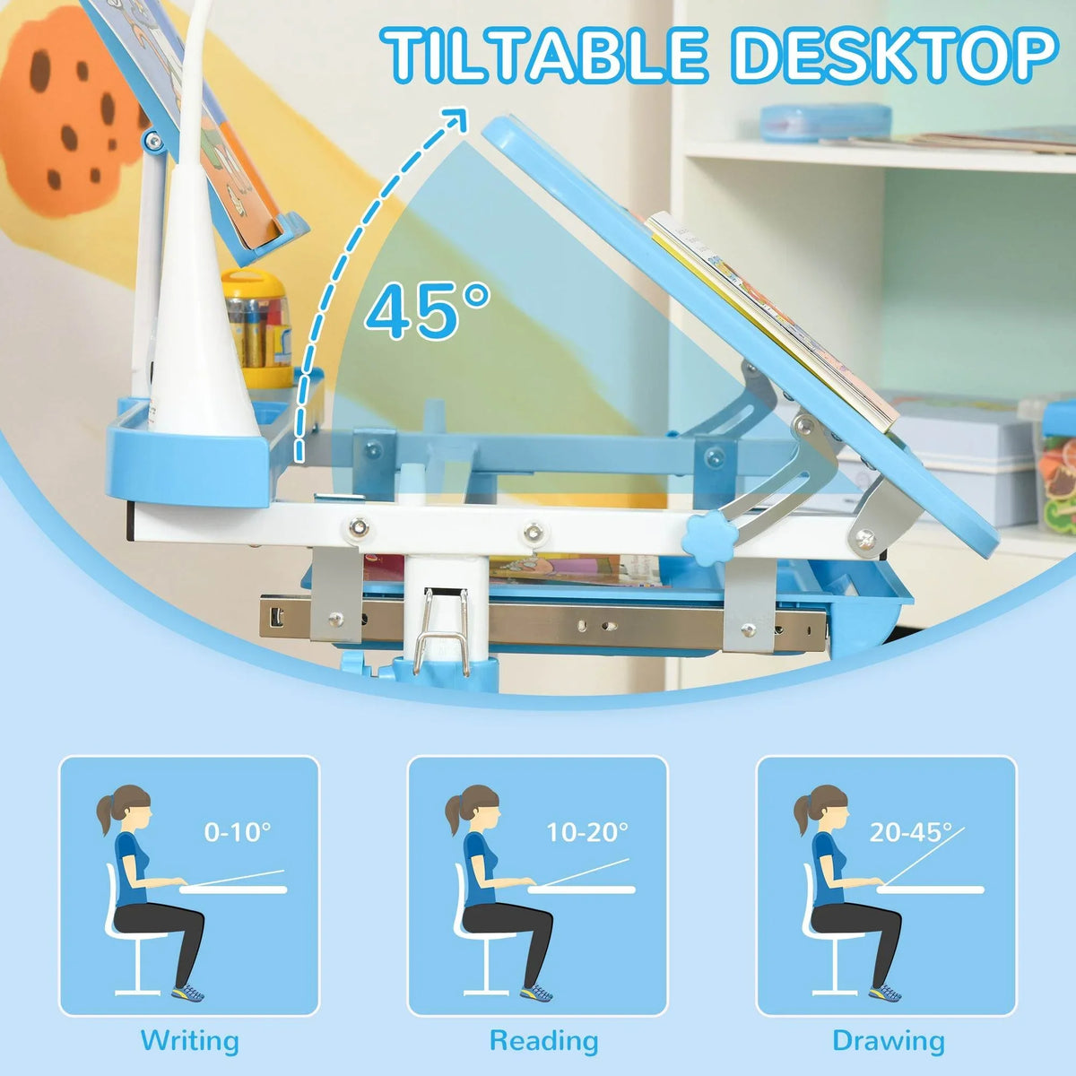 Blue tiltable desk desktop for writing, reading, and drawing at a 45° angle