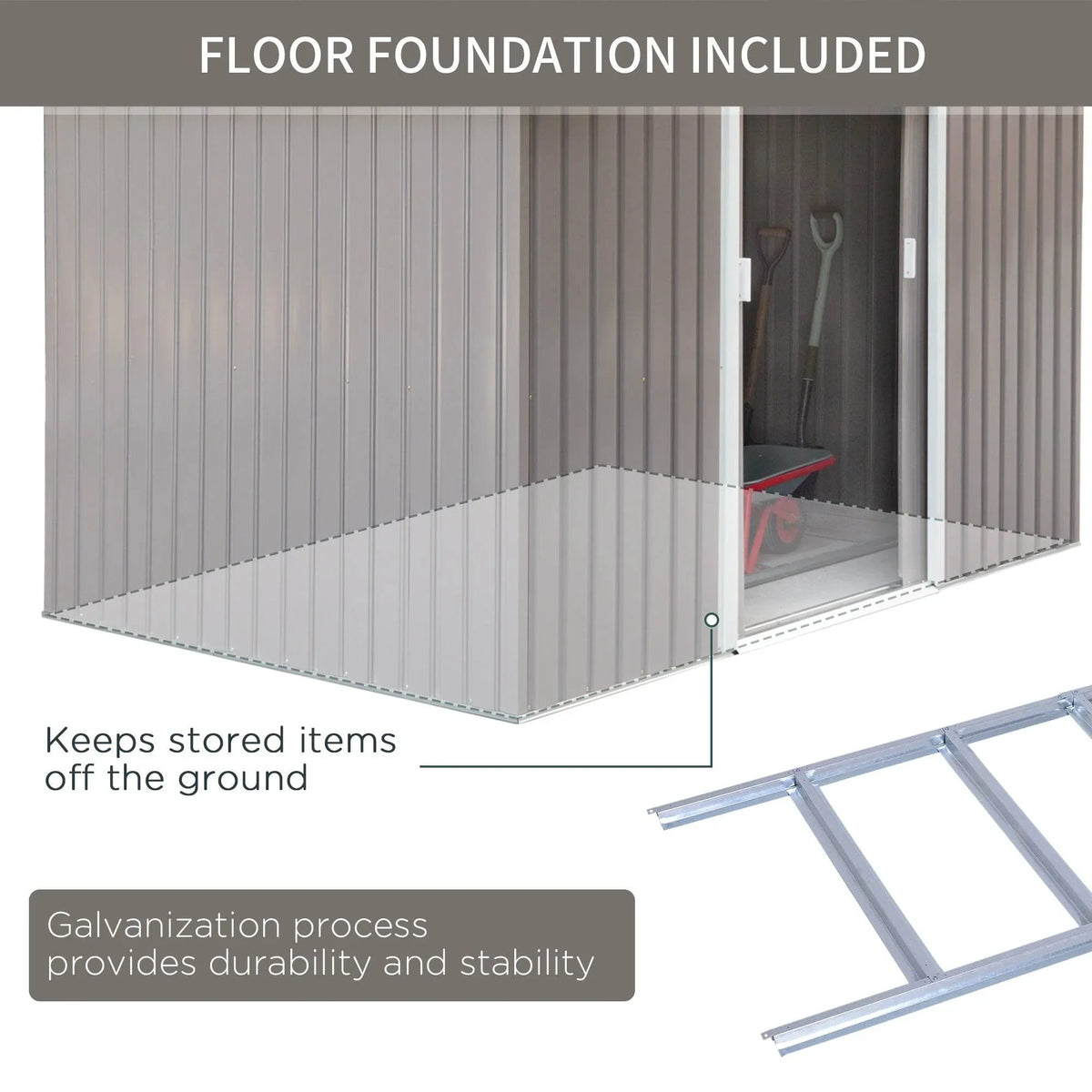 Raised grey metal shed foundation rails that keep items off the ground.