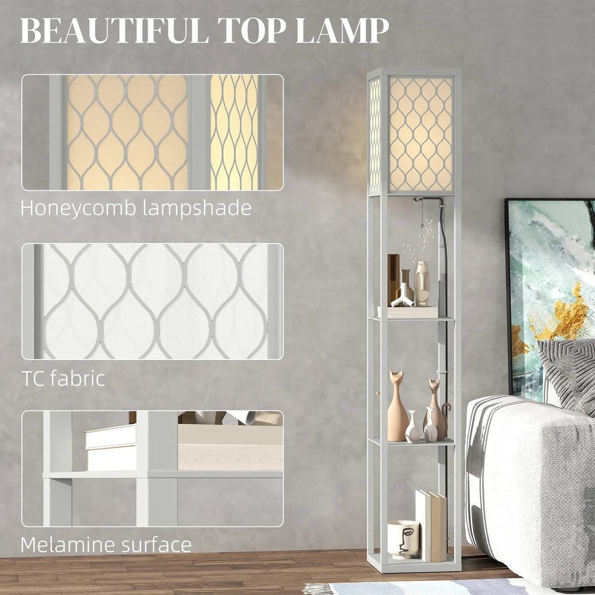 Gray-and-white standing lamp with honeycomb fabric shade and three integrated shelves
