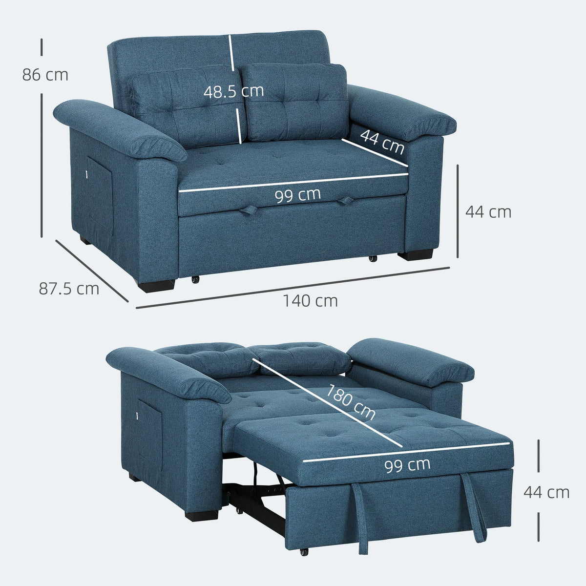 Blue 2-seat sofa bed shown as a compact sofa and an unfolded bed