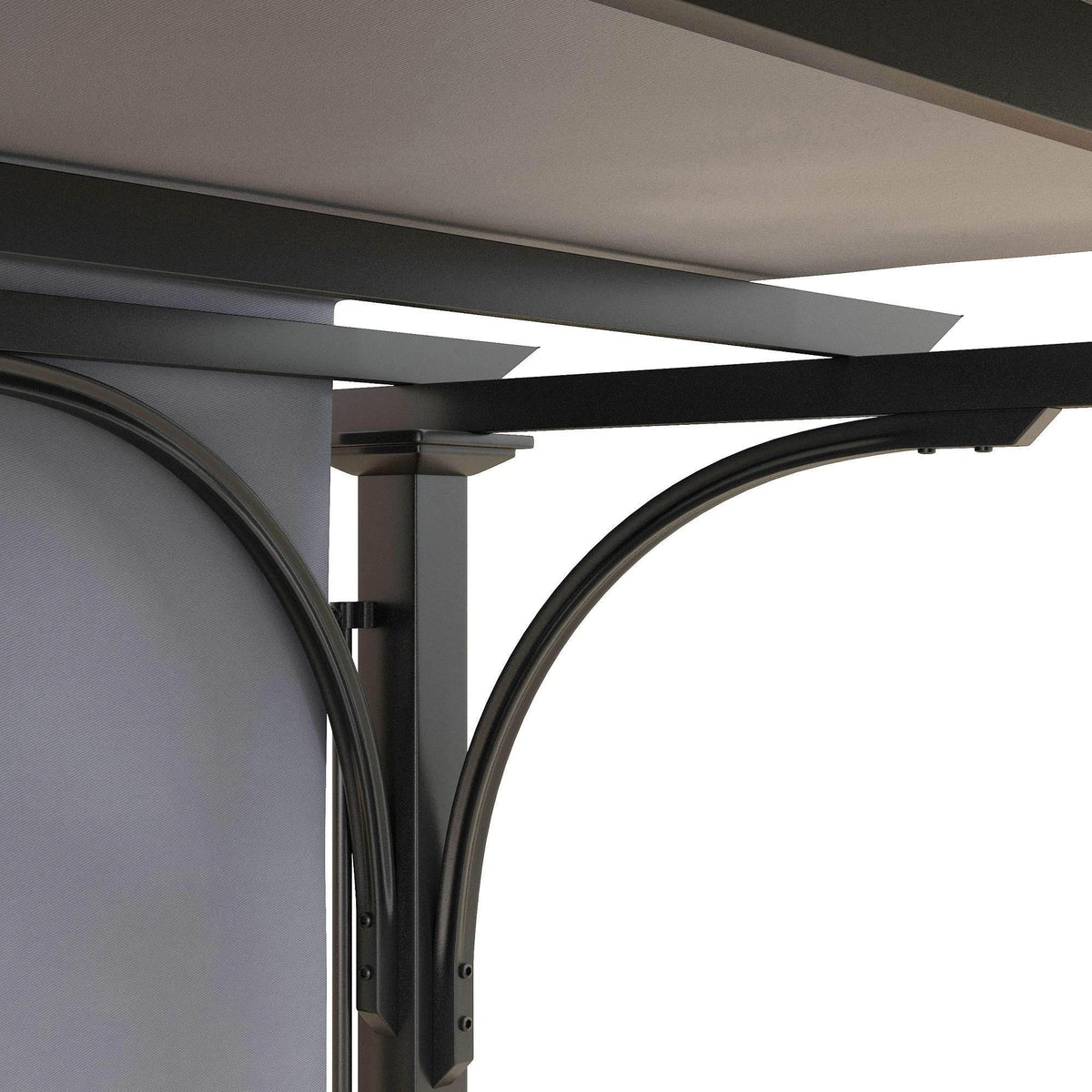 Grey metal pergola corner with arched supports and side canopy panel detail