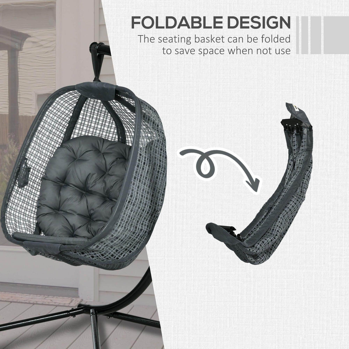 Foldable dark grey hanging swing chair with mesh basket and padded seat cushion