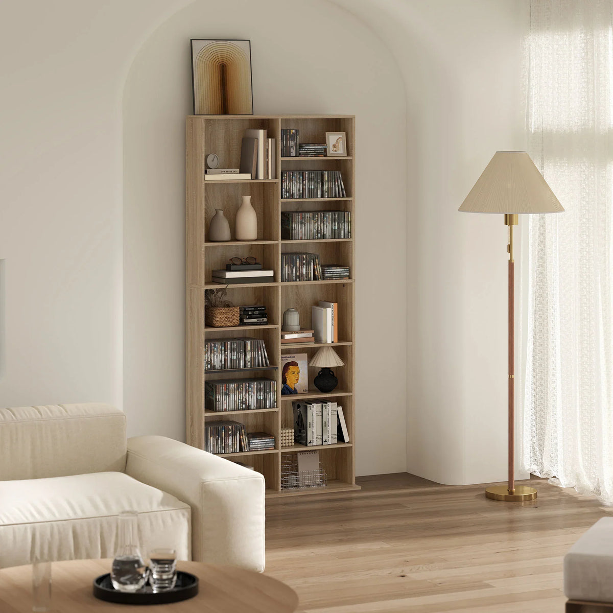 Wood CD storage tower with open front shelves for books and media