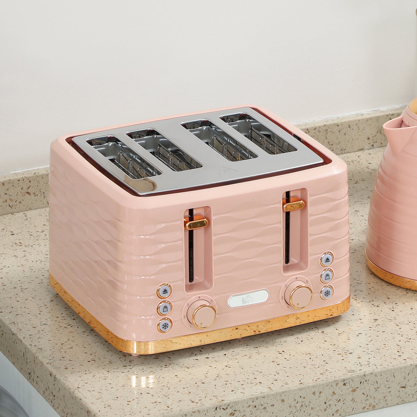 HOMCOM 3000W 1.7L Kettle And 4 Slice Toaster Set With 7 Browning Controls And Crumb Tray Light Pink