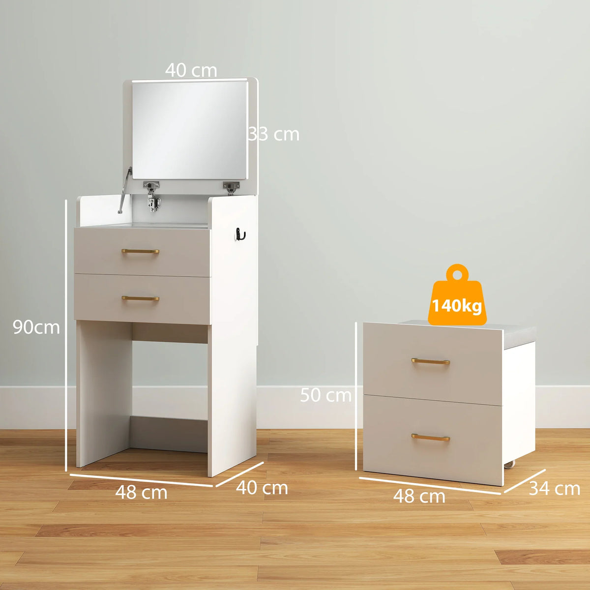White dressing table and stool with labeled measurements shown on product stand