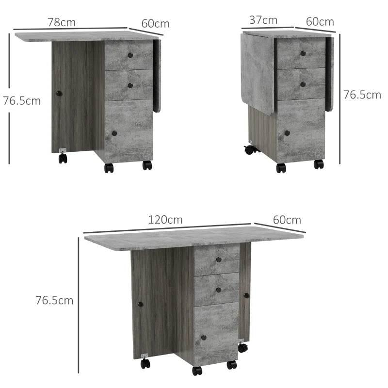 Foldable dining table with drop-leaf top, grey woodgrain; includes drawers and storage cabinet