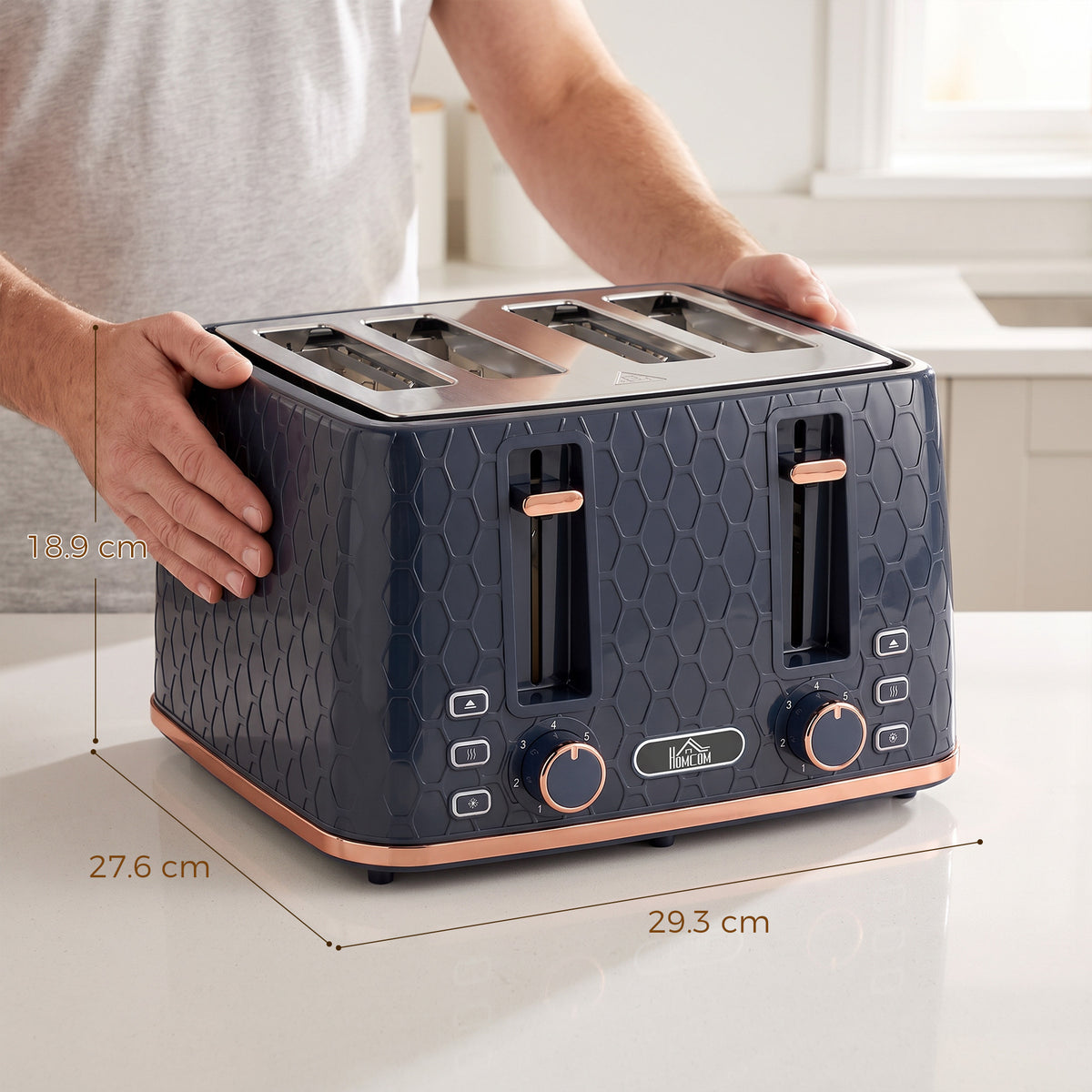 Dark blue 4-slice toaster on countertop, showing front controls, side levers, and size labels.