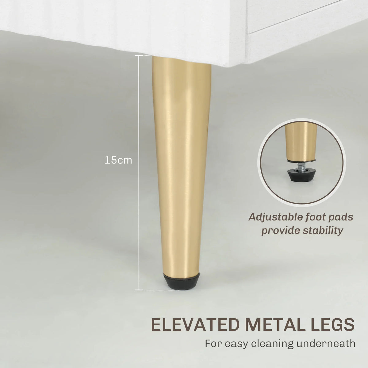 White sideboard cabinet with adjustable foot pads and gold metal legs