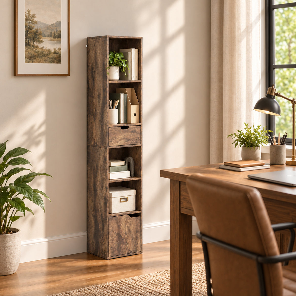 Rustic brown narrow bookshelf with open shelves and drawer, suited for books and kitchen supplies