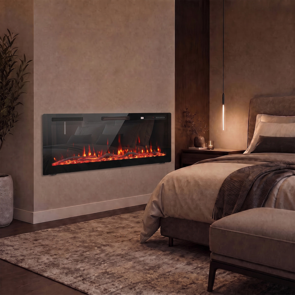 Wall-mounted electric fireplace with black frame and orange flame effect in bedroom setting.