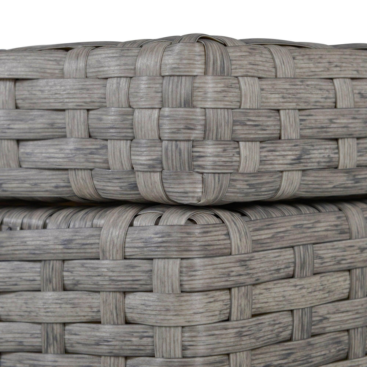 Close-up of grey PE rattan wicker weave upholstery on sofa frame