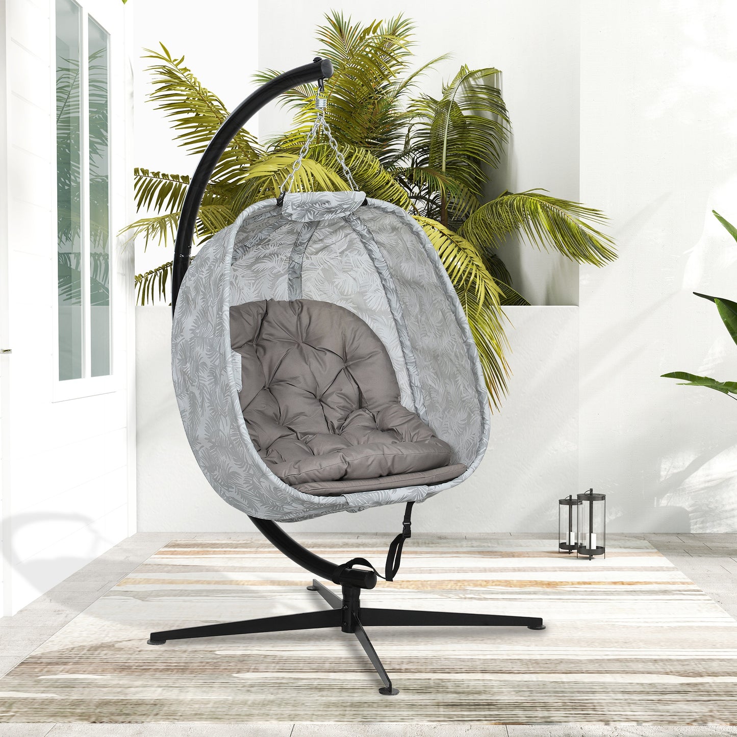 Outsunny Hanging Egg Chair With Stand And Folding Basket Thickened Cushion Cup Holder Sand Brown Patio Balcony Garden