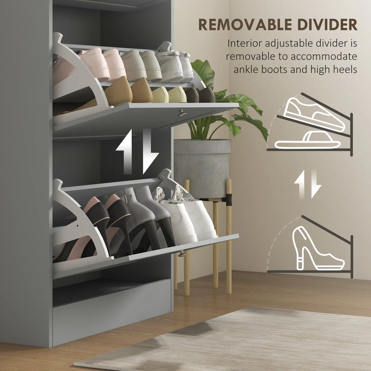 Grey shoe cabinet with removable divider for organizing boots and high heels