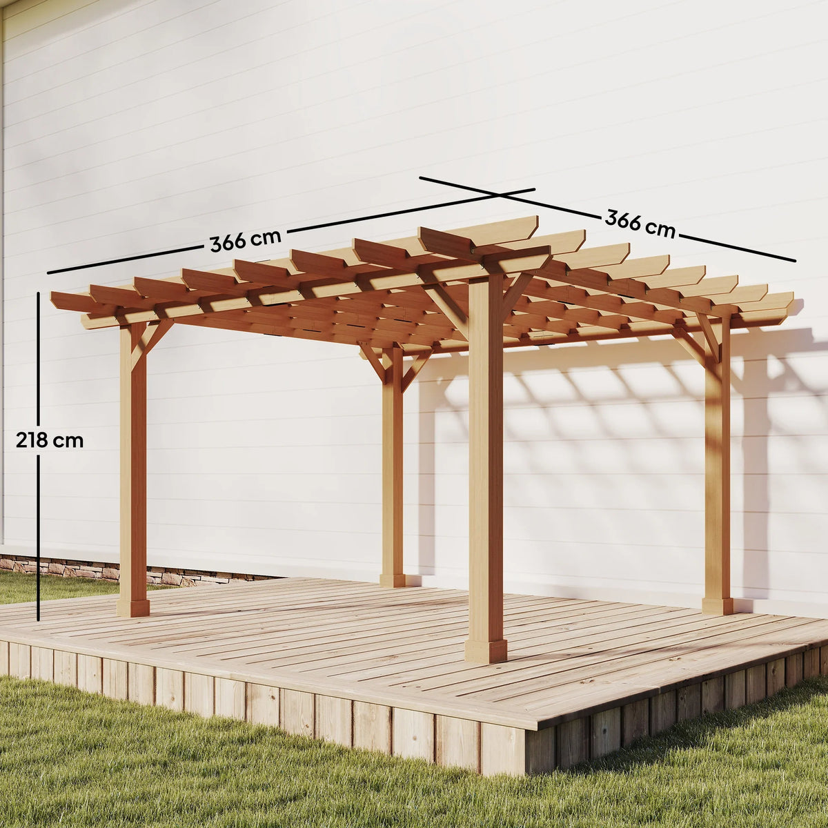 Dark brown wooden pergola kit on deck platform with crossbeam trellis roof