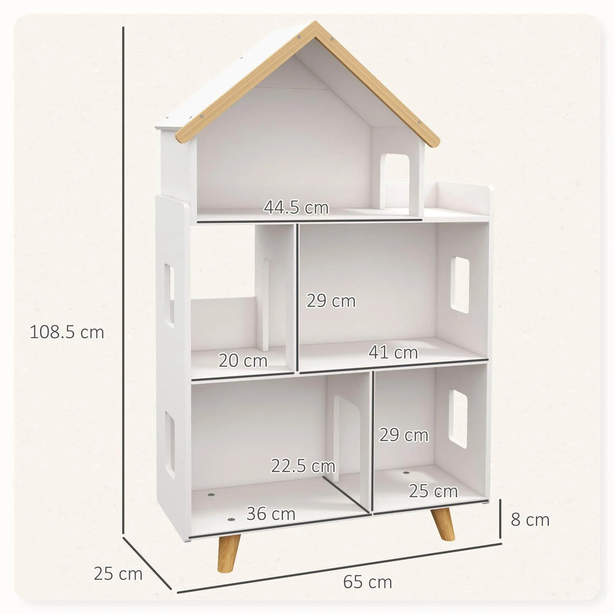 White house-shaped 3-tier toy storage shelf with 6 cubbies, front dimensions view