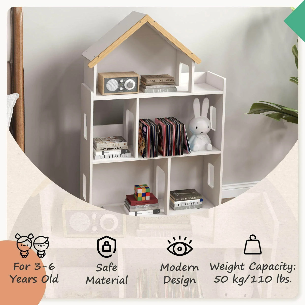 White house-shaped toy storage shelf with 6 cubbies, books and a plush bunny inside