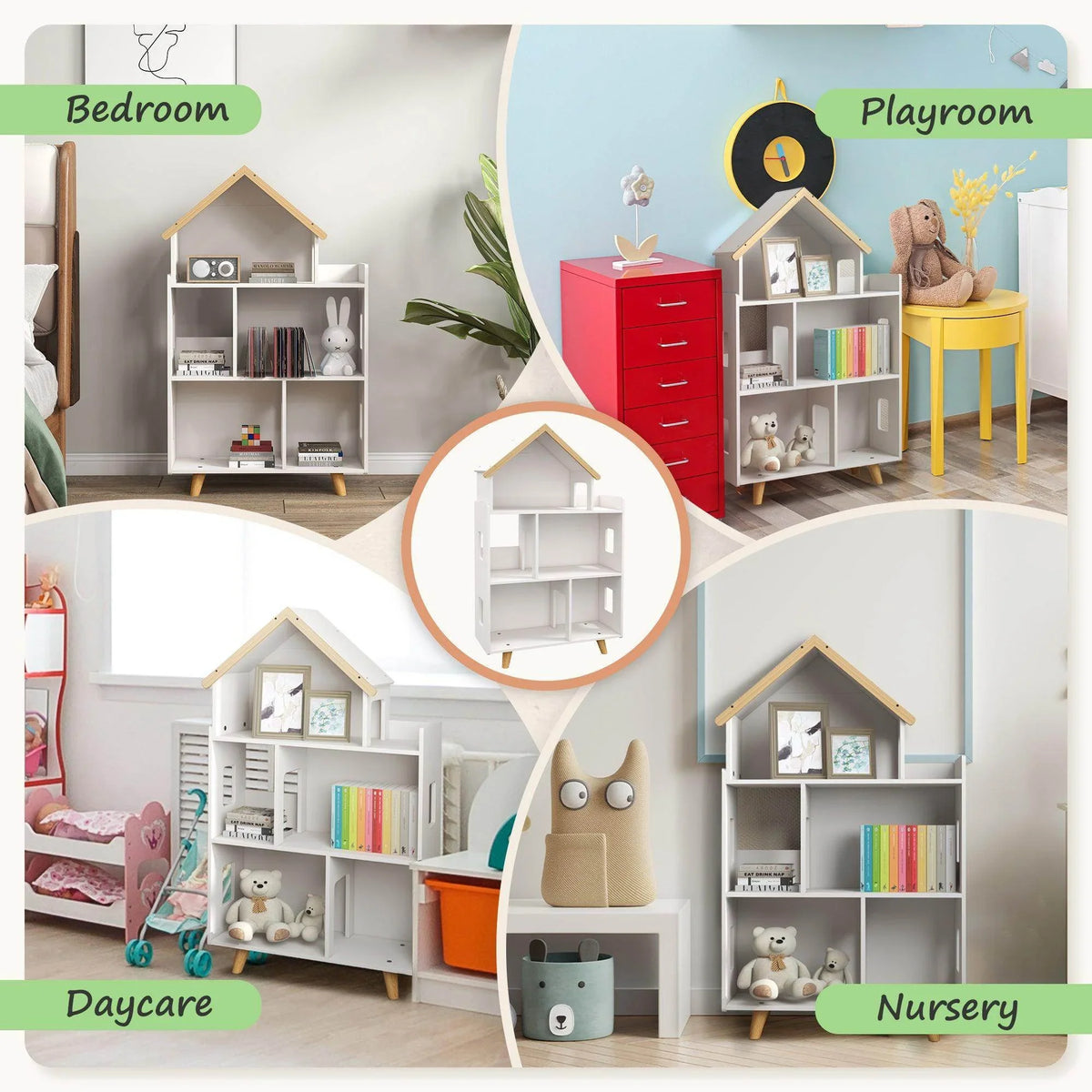 White 3-tier house-shaped toy storage shelf with 6 cubbies shown in a bedroom layout