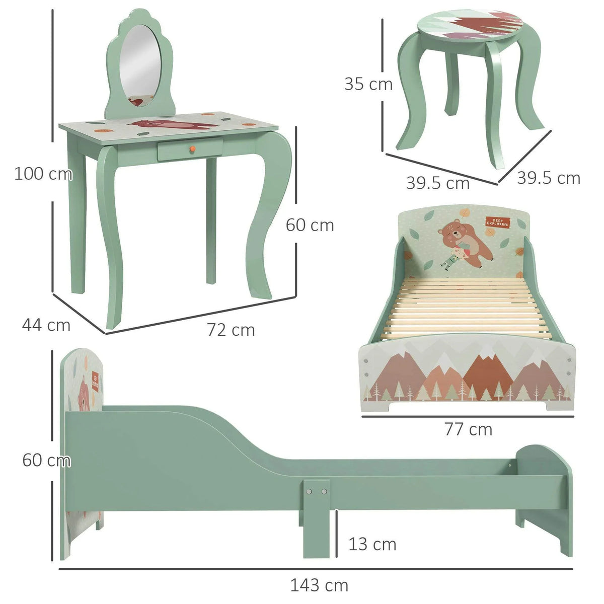 Sage green toddler bed and dressing table set shown with size measurements