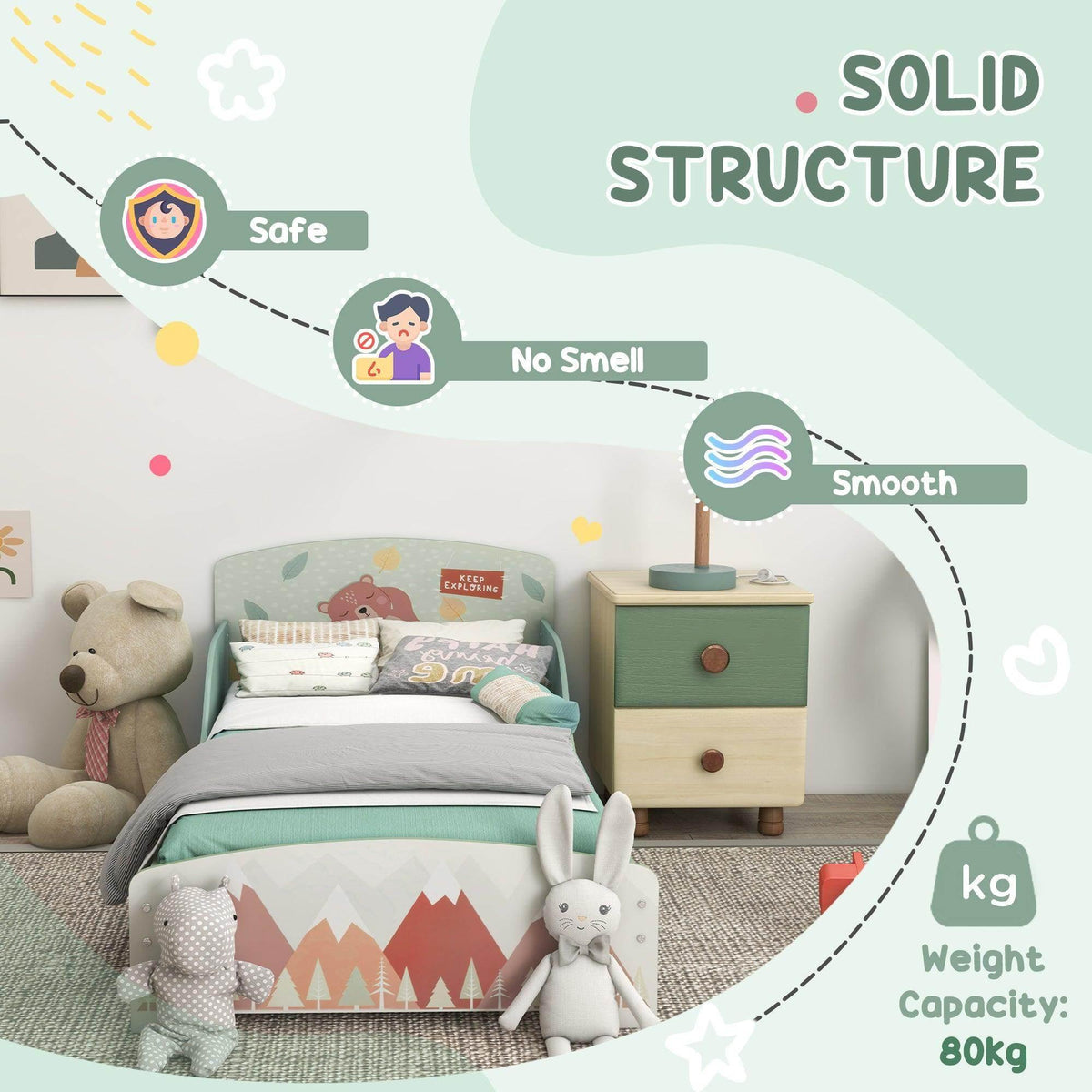 Sage green toddler bed set with side rail, animal bedding, and matching nightstand