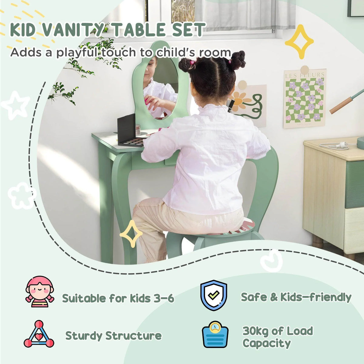 Sage green kid vanity table set with mirror, drawer, and animal-themed countertop