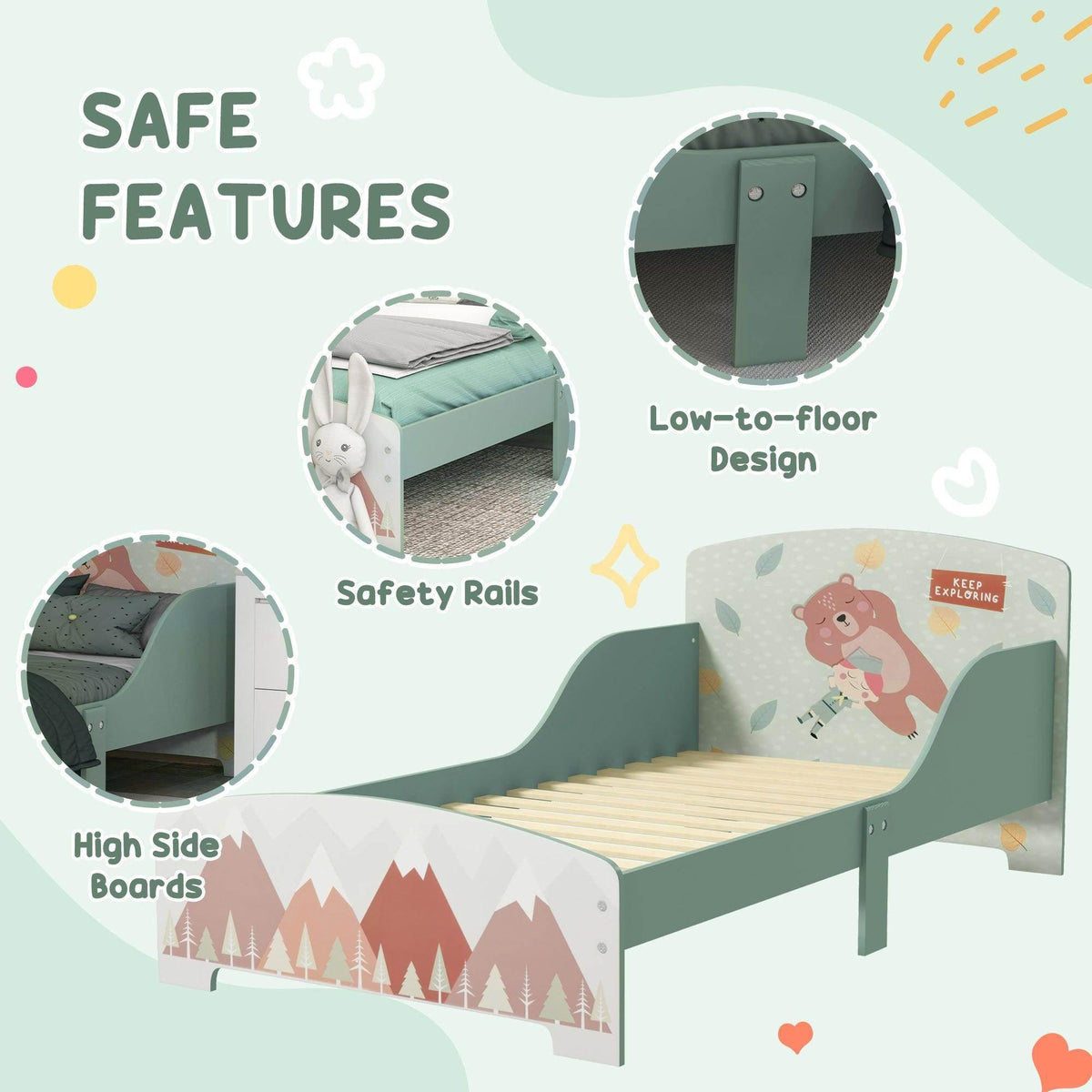 Sage green toddler bed with safety rails and low-to-floor design, animal front panel