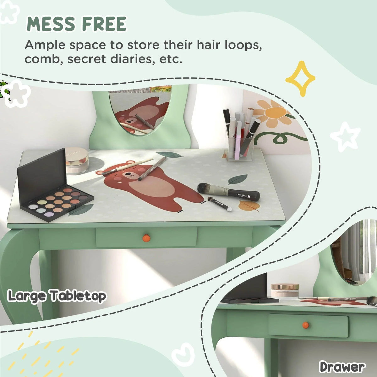 Sage green vanity table with large tabletop, fox graphic, and front drawer
