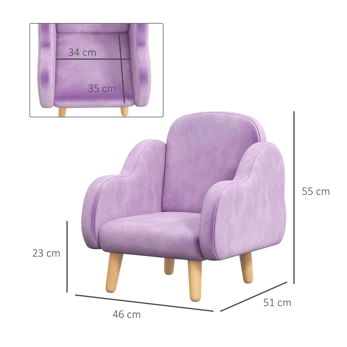 Lavender plush toddler armchair with wide arms and light wood legs