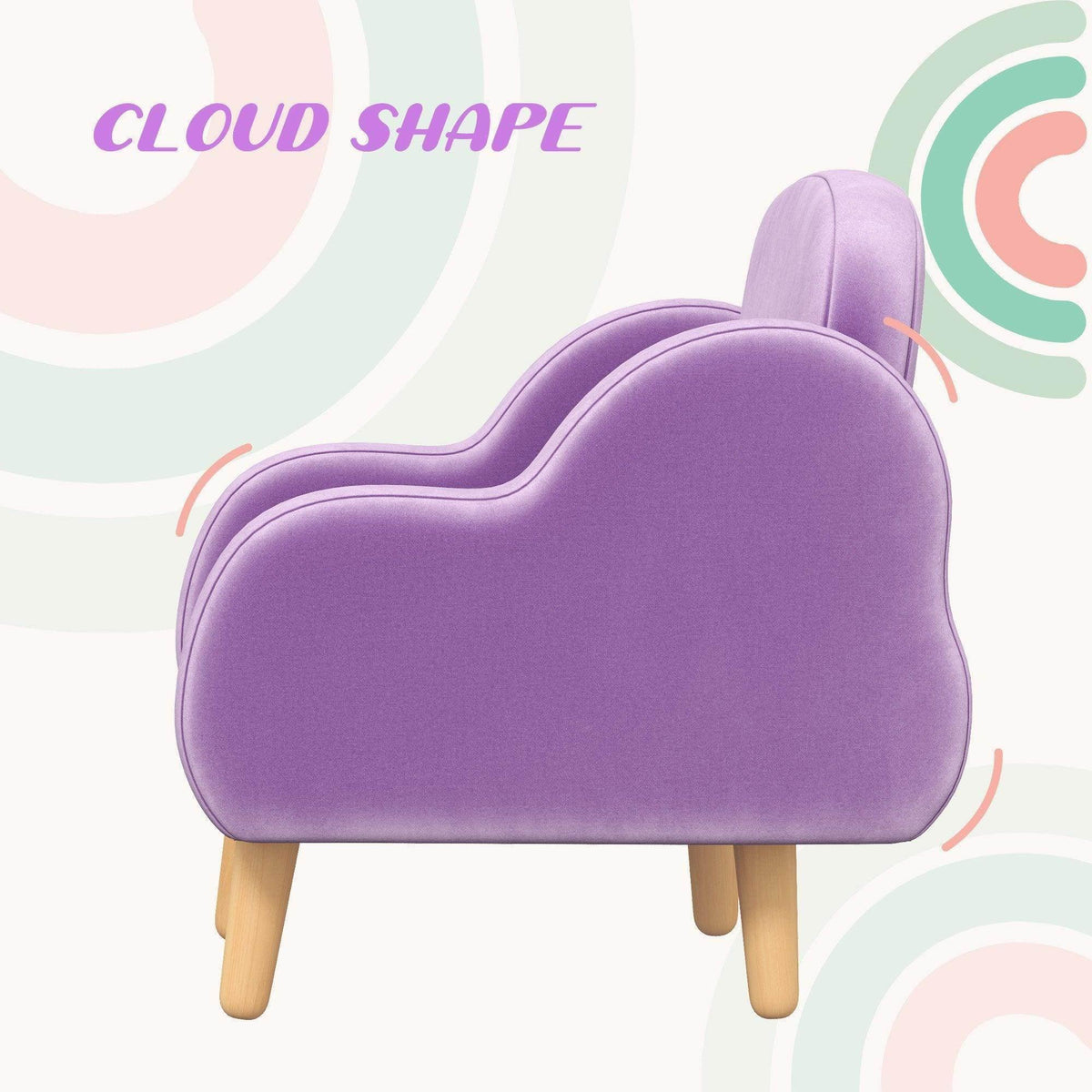 Lavender cloud-shaped kids armchair with rounded back and light wood legs
