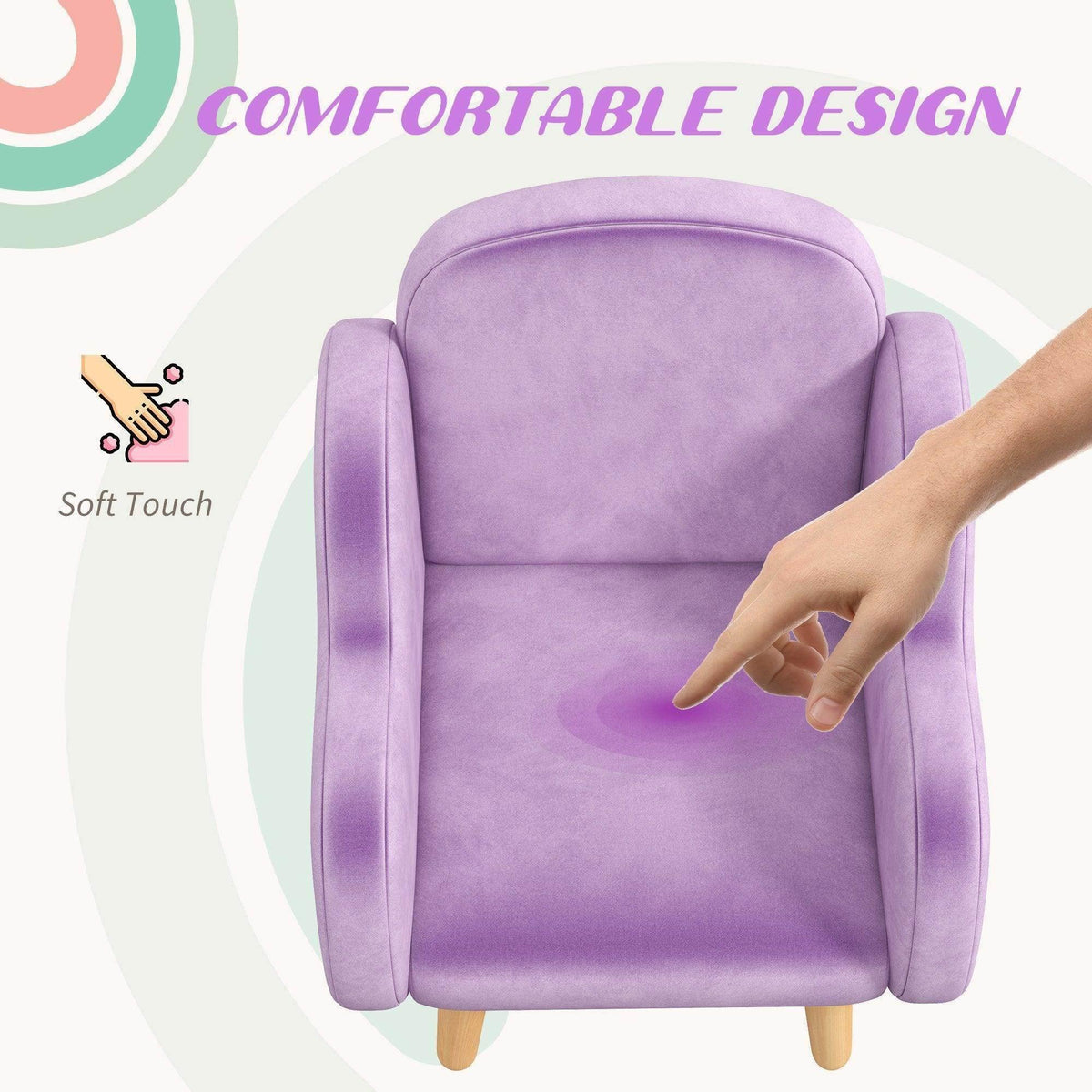 Lavender plush toddler armchair with curved backrest and padded side arms