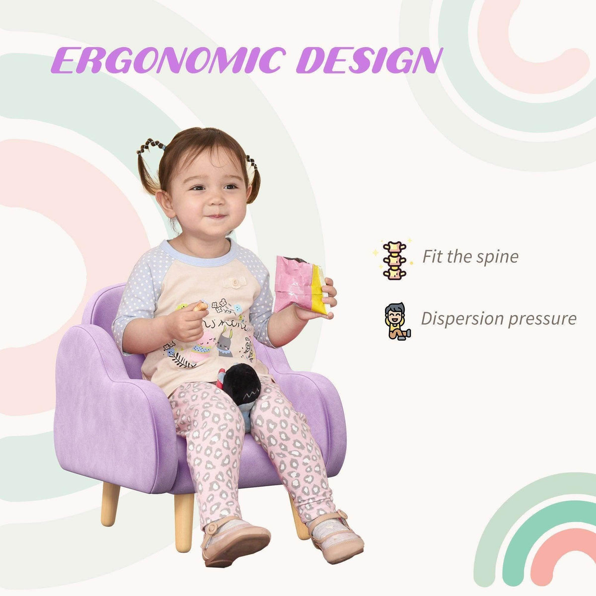 Lavender toddler armchair with padded seat, curved sides, and light wood legs