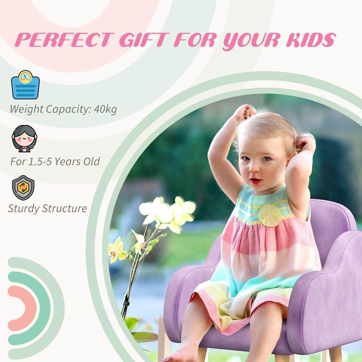 Purple toddler armchair with light wood legs and upholstered curved base