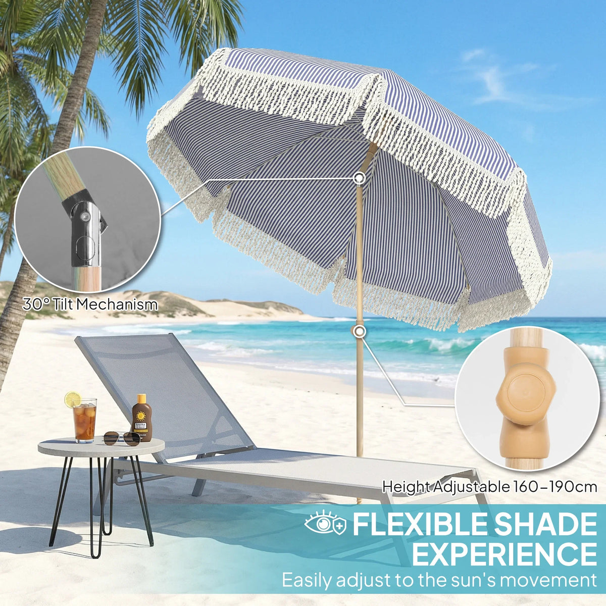 Blue-and-white striped beach umbrella with fringed canopy and 30 tilt mechanism