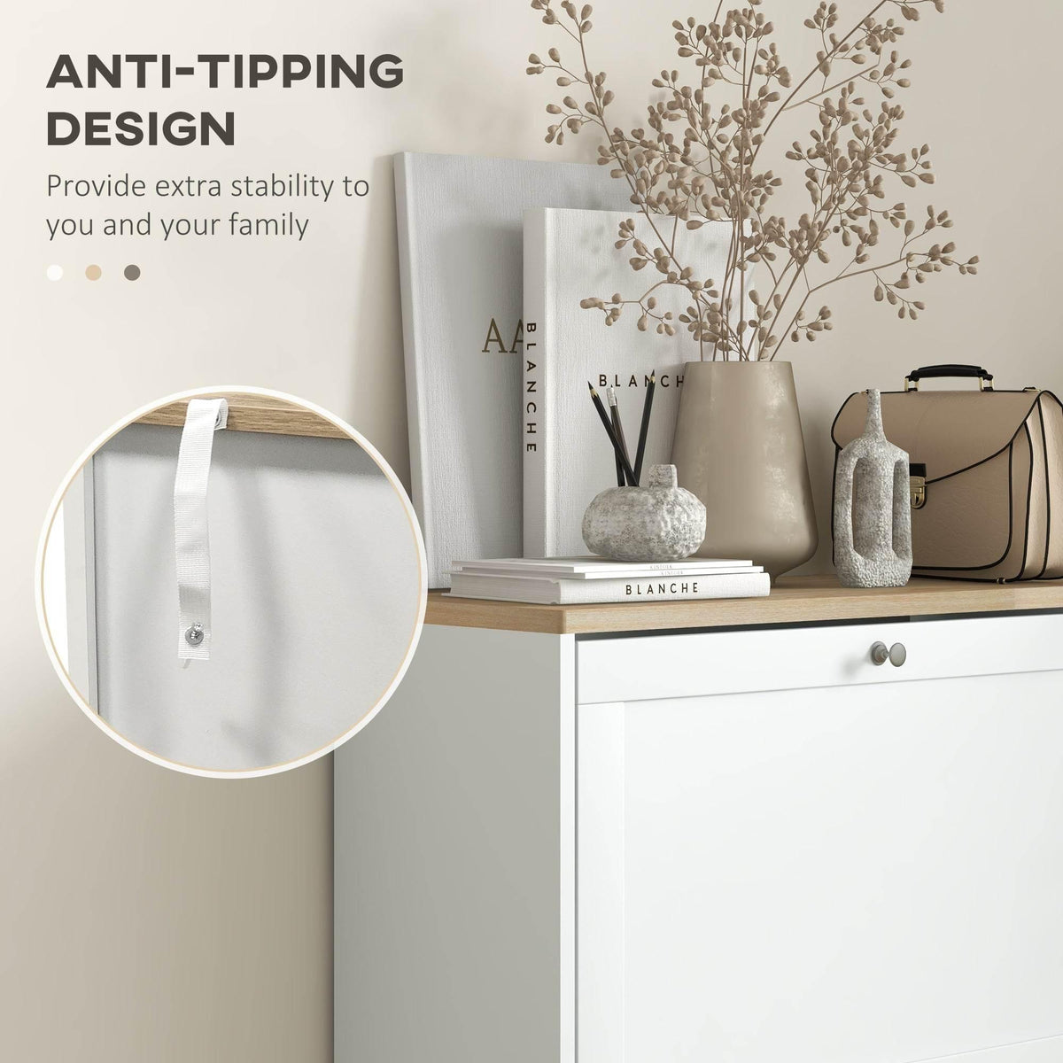 White shoe cabinet with anti-tipping stability design for safer placement