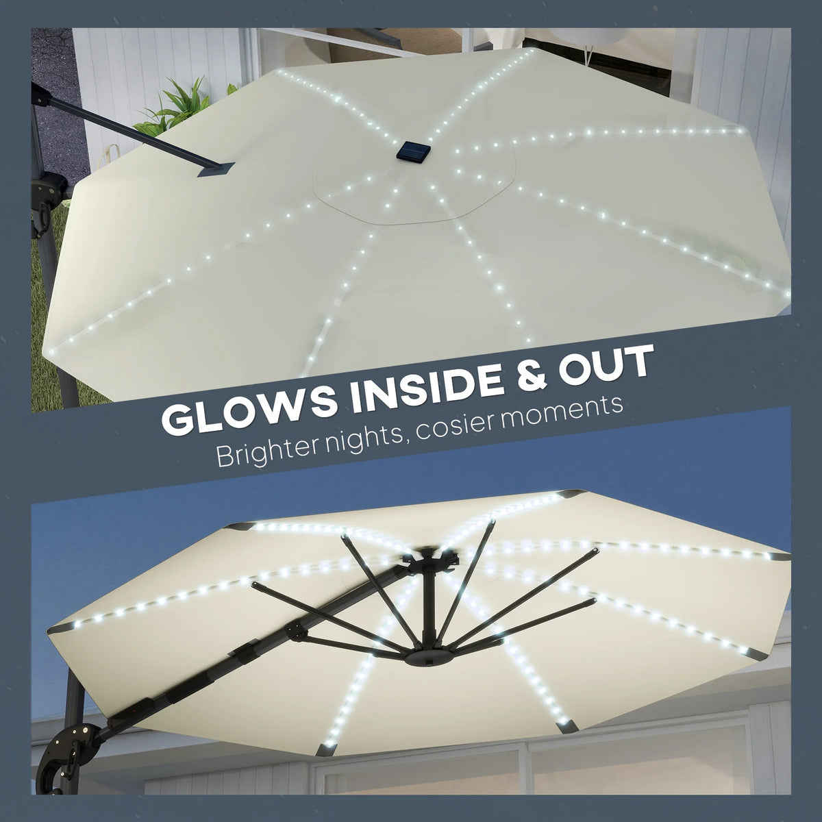 Cream umbrella canopy with integrated solar LED lights glowing inside and outside