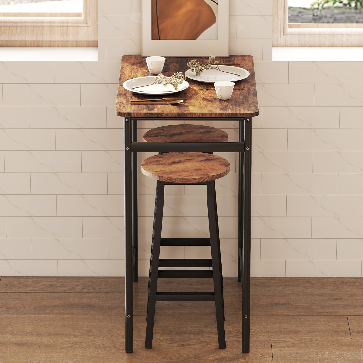 HOMCOM Breakfast Bar Stools Set of 2 with Footrest Industrial Round Rustic Brown 32 x 32 x 65 cm