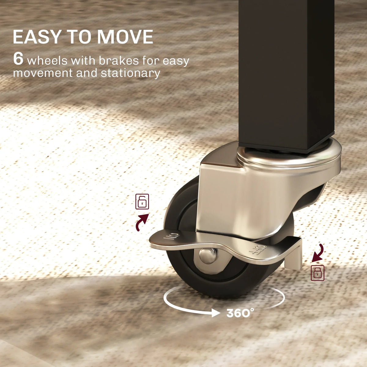 Grey drop-leaf dining table caster wheel with brake, 360-degree rotating base