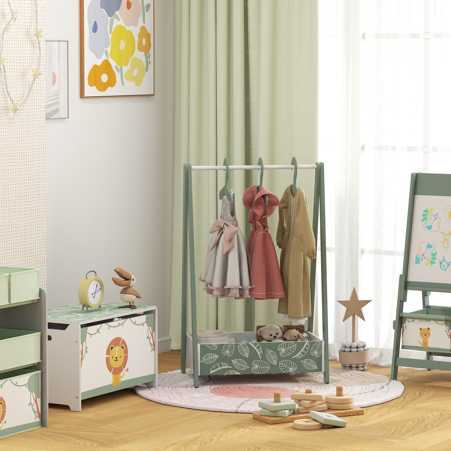 AIYAPLAY Baby Clothing Rack With Hangers And Storage Shelf For Bedroom Ages 3 To 6 Green Leaf Theme