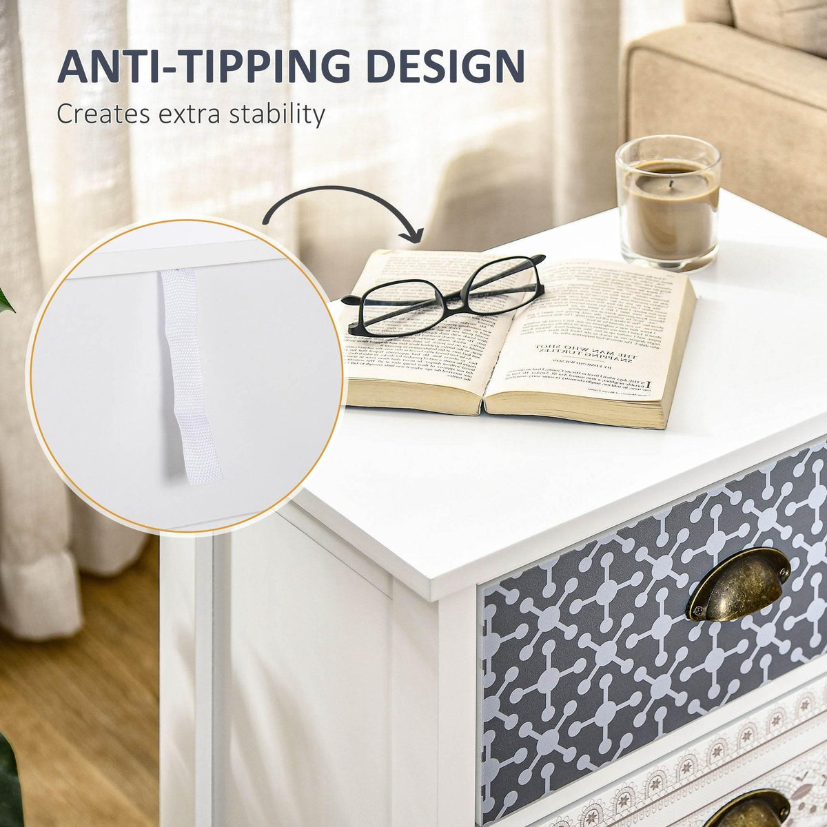 White nightstand with 3 patterned drawers and antique brass cup pulls, top storage surface