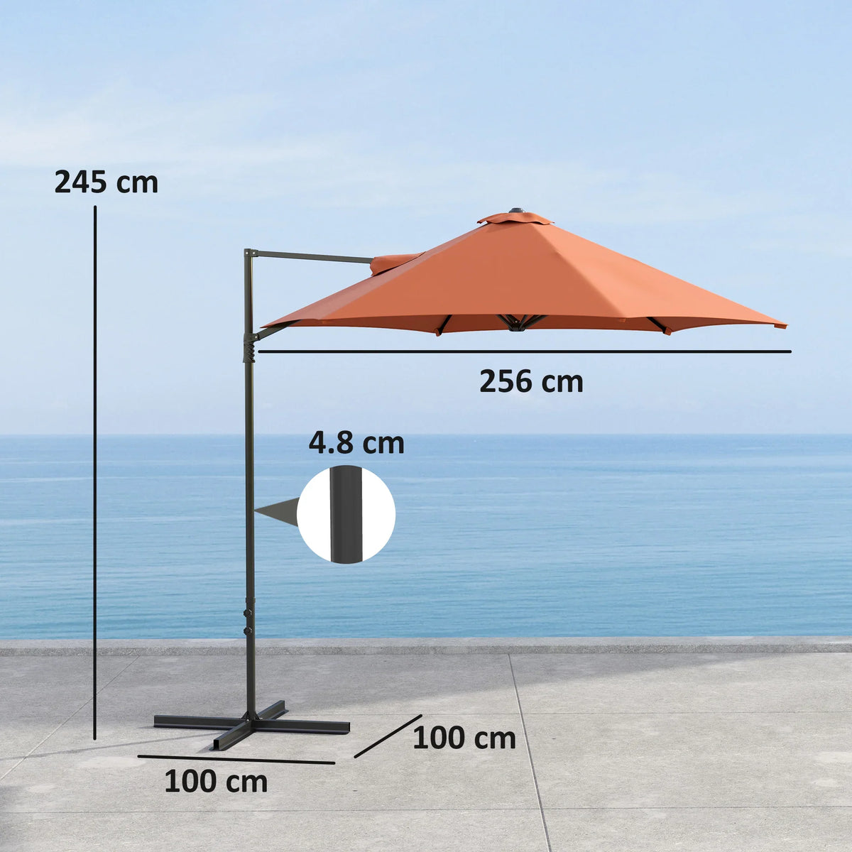 Orange rotating cantilever patio umbrella, 256 cm canopy width, cross base