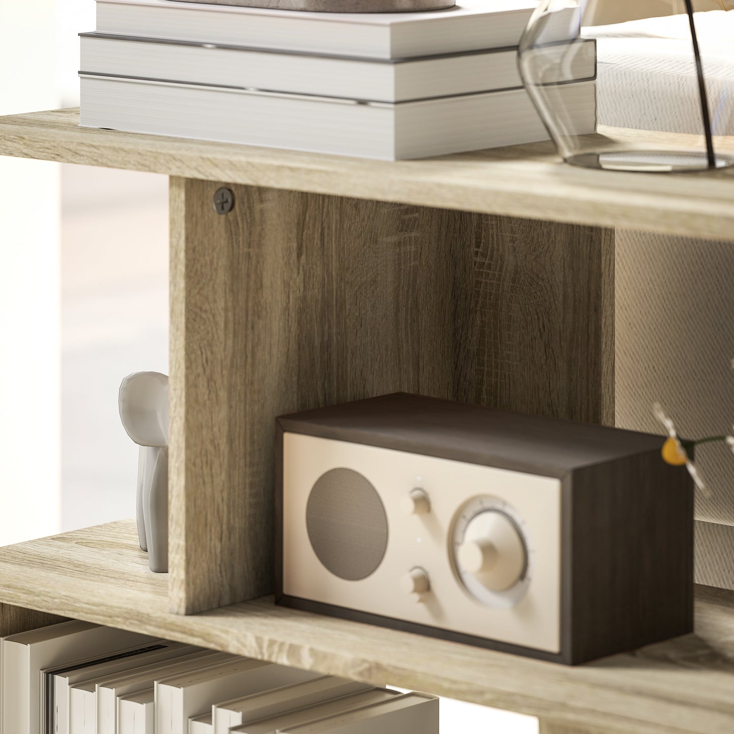 HOMCOM S Shaped Side Table Natural Wood Finish With Storage Compartments For Small Spaces