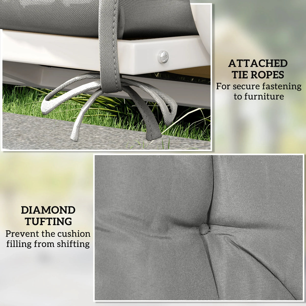 Light gray bench cushion with attached tie ropes and diamond tufting seam