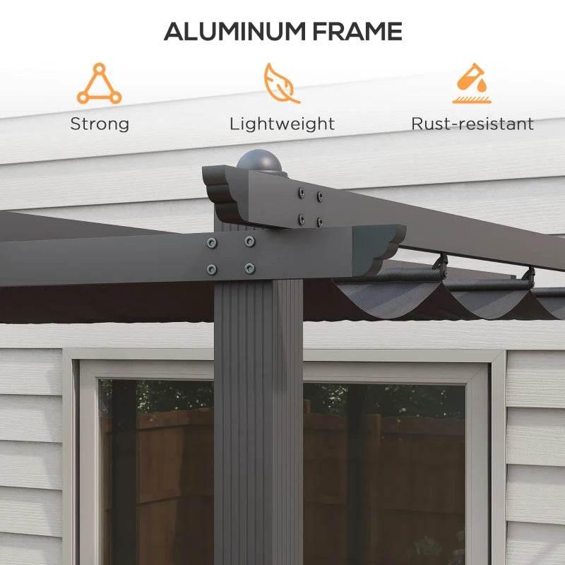 Dark grey aluminum pergola frame with hardware and retractable canopy support