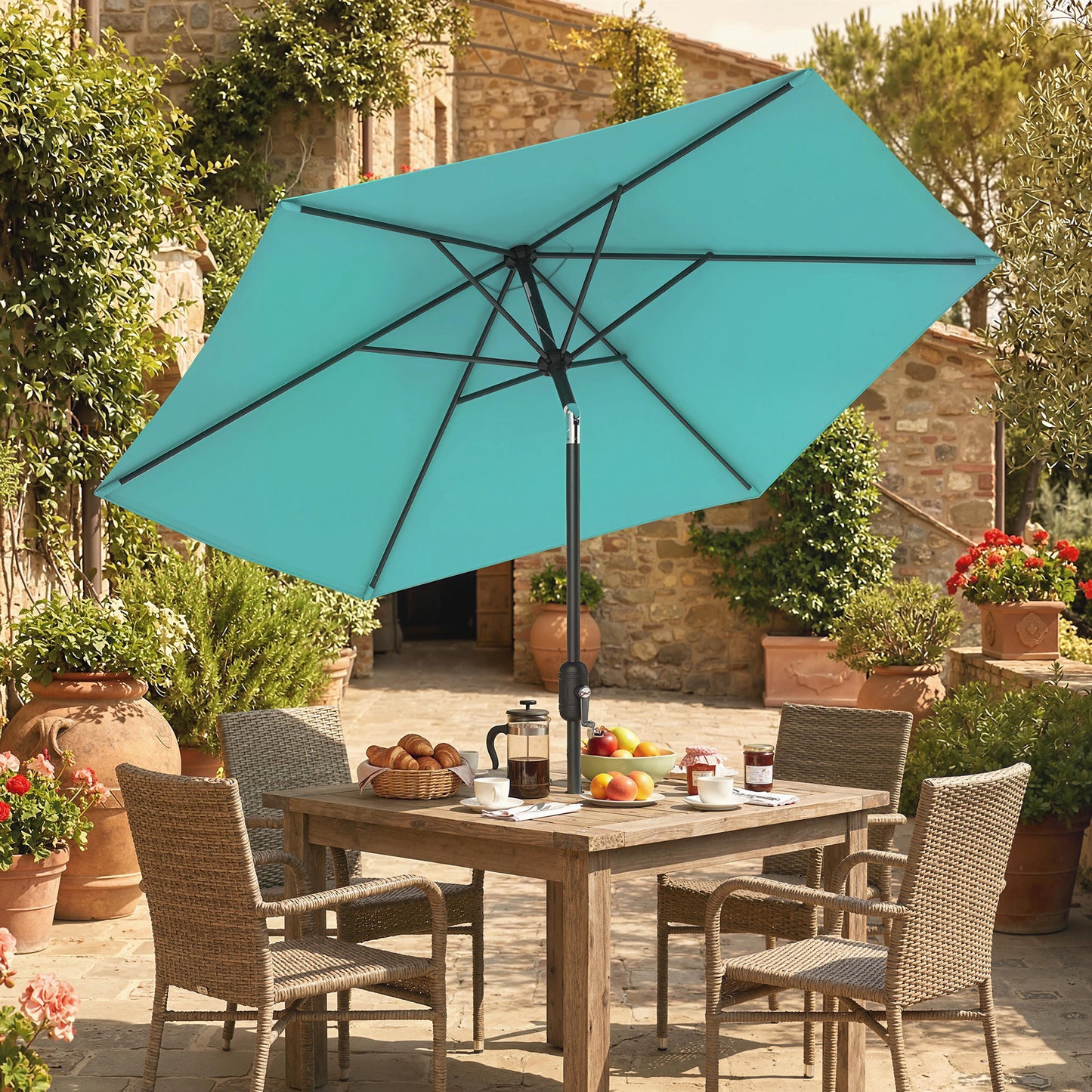 Outsunny 2.6 m Garden Parasol Umbrella With Aluminium Pole Outdoor Patio Umbrella With Tilt And Crank Vent Turquoise