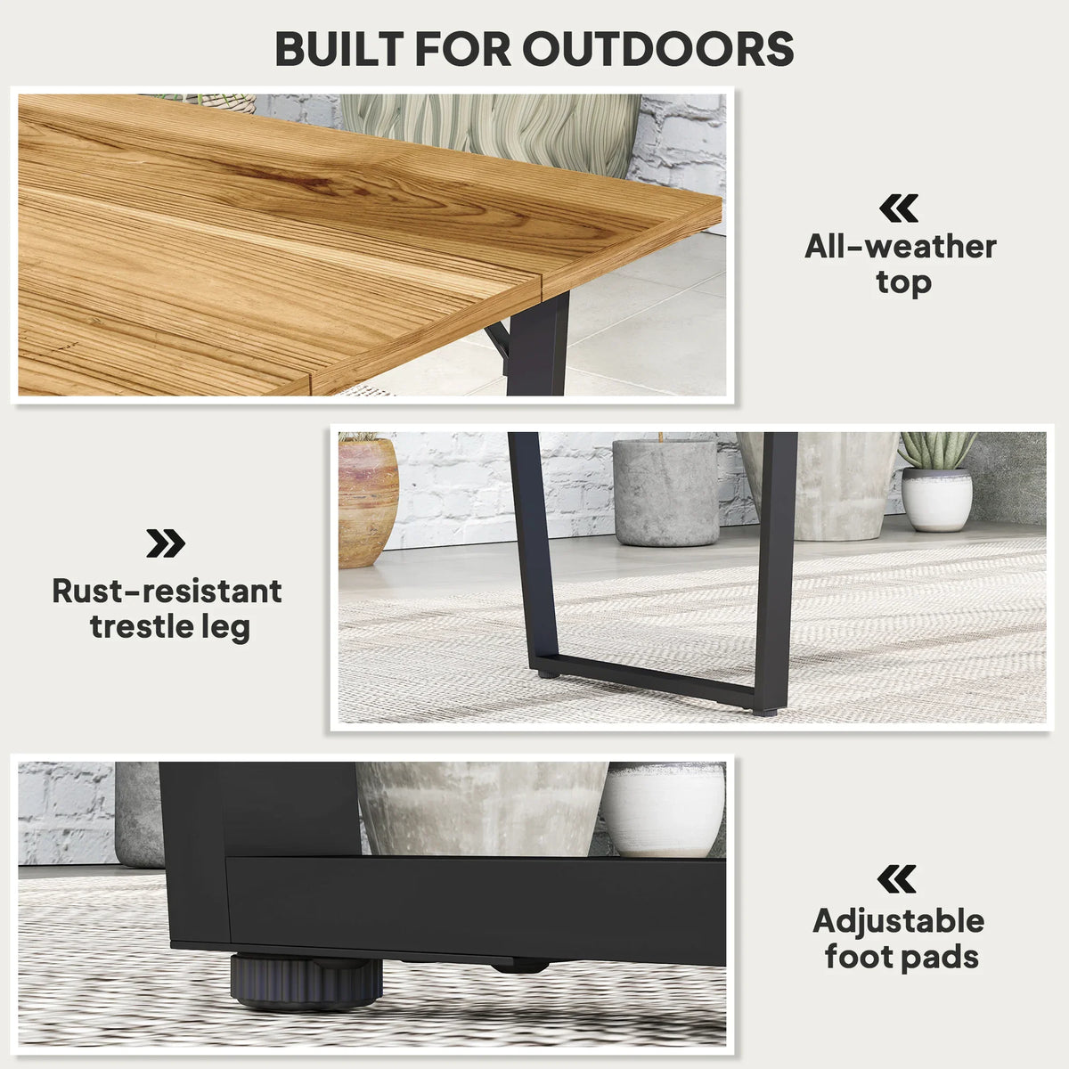 Outdoor dining table close-up: all-weather slatted top, rust-resistant trestle legs, adjustable pads