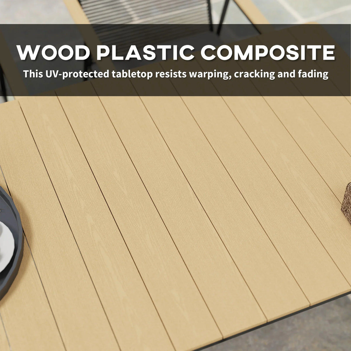 Light wood plastic-composite table top with narrow diagonal slat pattern
